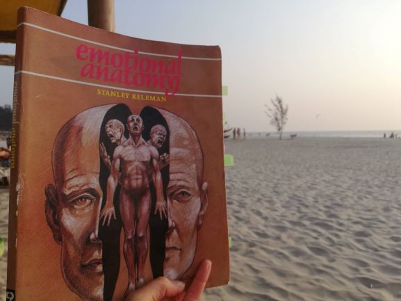 A person holds the book Emotional Anatomy by Stanley Keleman at a sandy beach in Sligo, with the sea and people in the background on a sunny day, reflecting on the mind body connection and yoga.