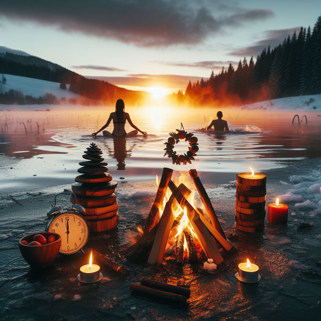 A winter scene at sunset shows two people in a lake surrounded by snow and pine trees. In the foreground, a campfire, candles, stacked stones, an apple bowl, and a clock are arranged on the icy ground.