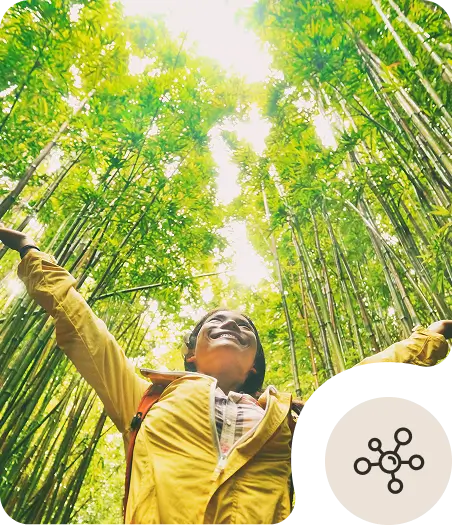 A person in a yellow jacket stands in a lush bamboo forest, arms raised joyfully toward the sunlight above. In the corner, there is a circular icon with six connected dots.