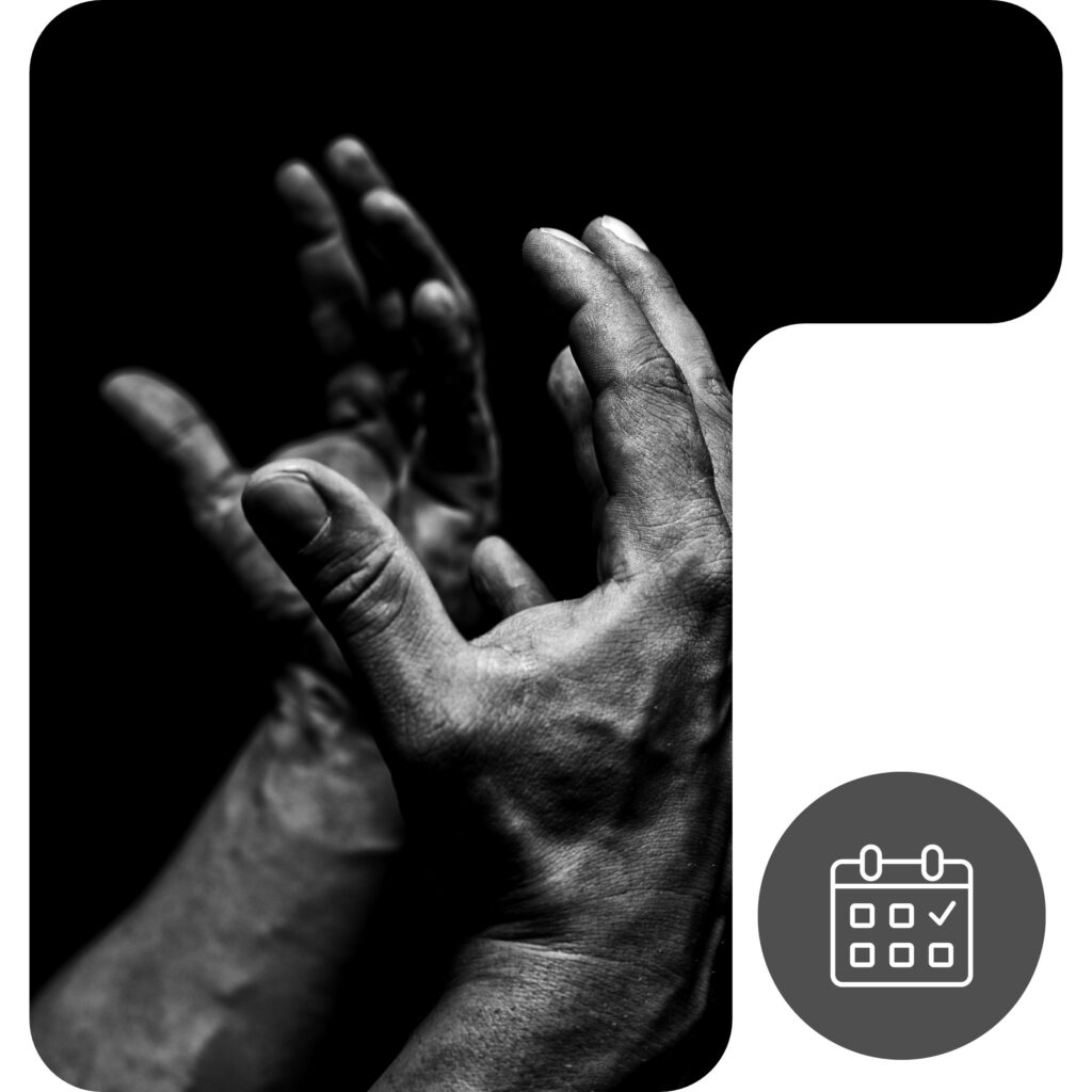 Black and white photo of two hands clapping against a dark background, with a grey calendar icon featuring a checkmark in the bottom right corner on a white area.