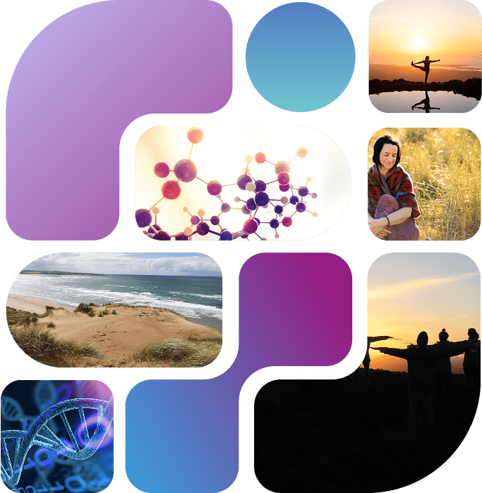 A collage of images showing a DNA strand, molecular model, beach landscape, people practicing yoga at sunset for wellbeing, a woman sitting in a field, and abstract purple and blue shapes.