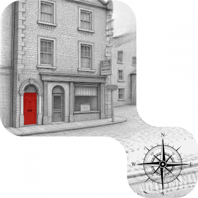 A grayscale drawing of a street corner with a building featuring a bright red door. Nearby, there’s a shop with closed shutters. In the bottom right, a black compass rose is partially visible.